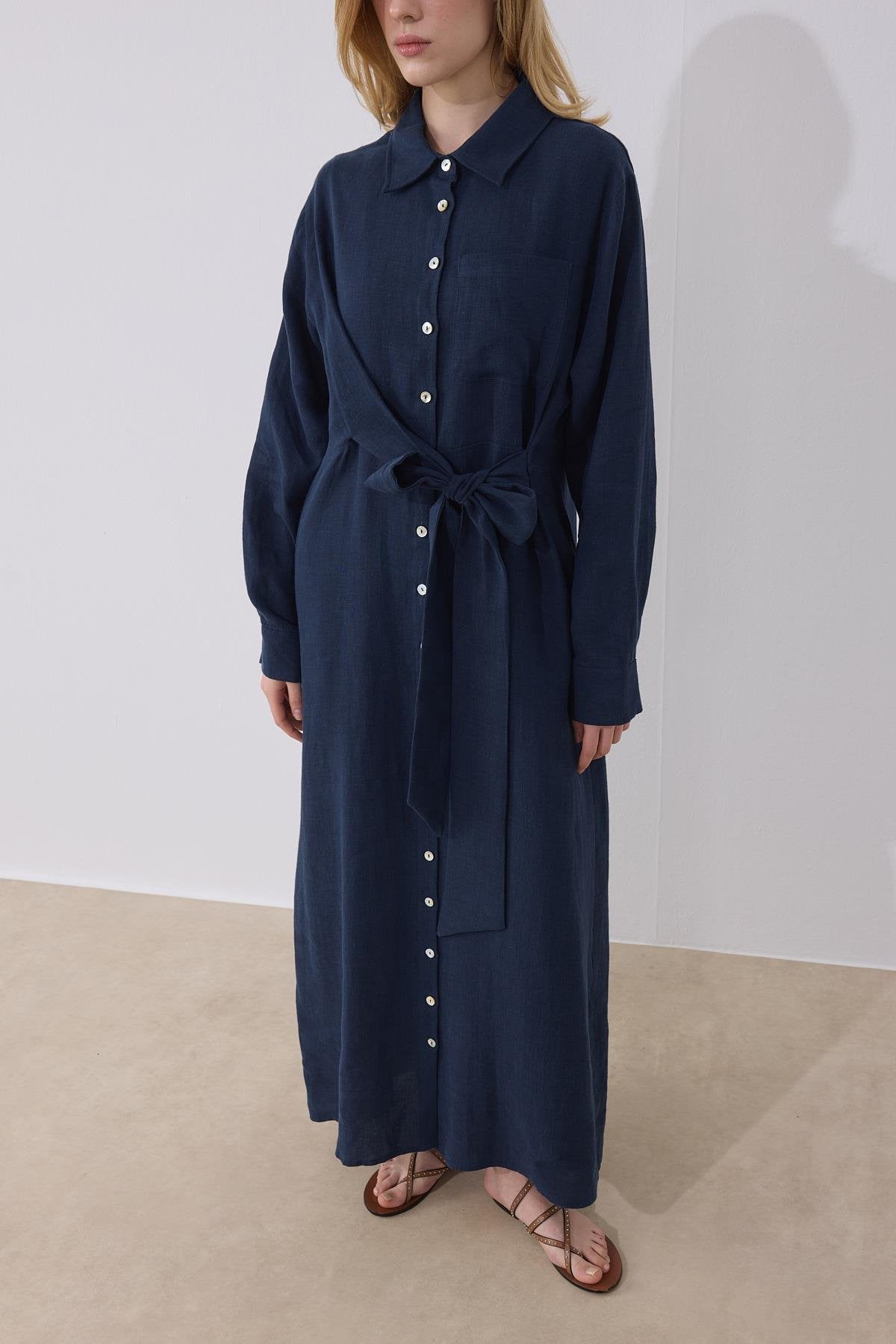 Mira %100 Linen Dress - Navy Blue