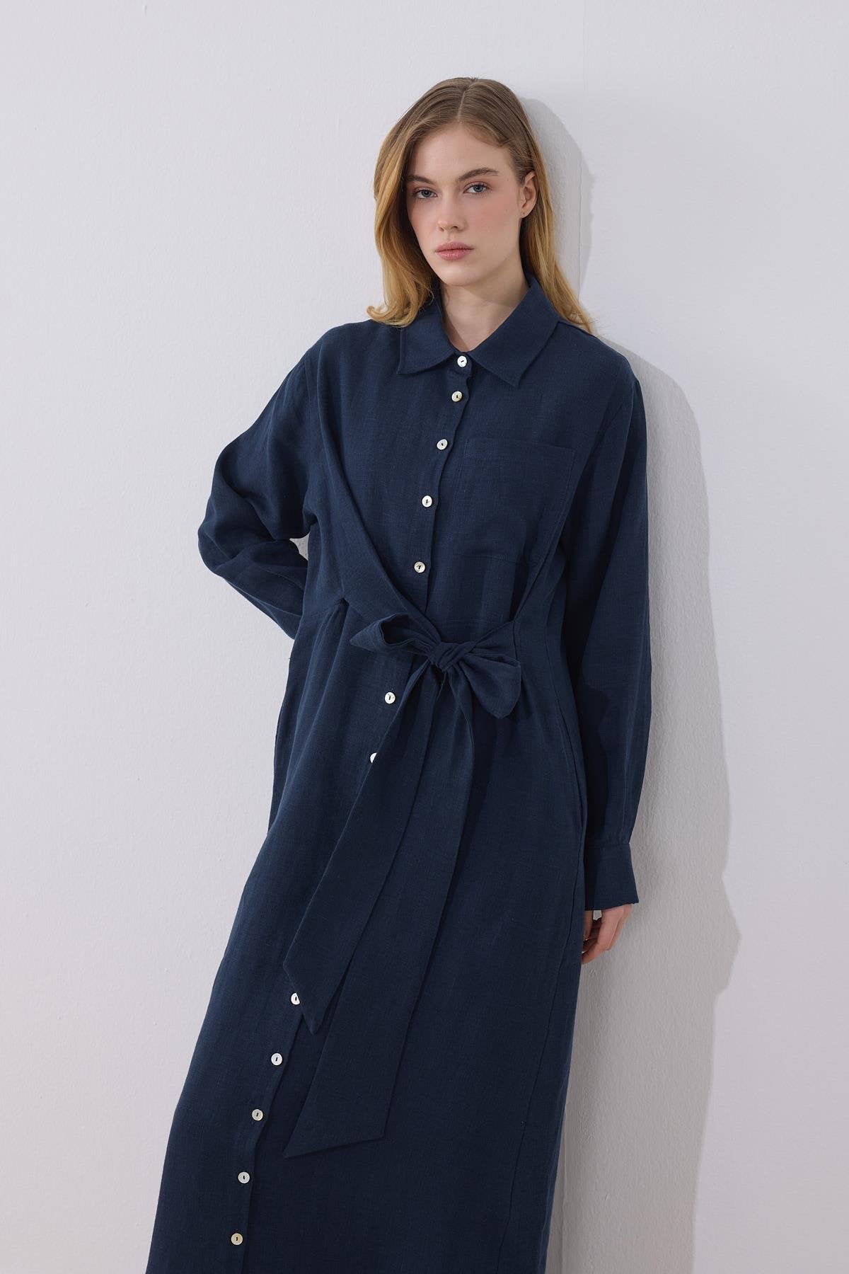 Mira %100 Linen Dress - Navy Blue