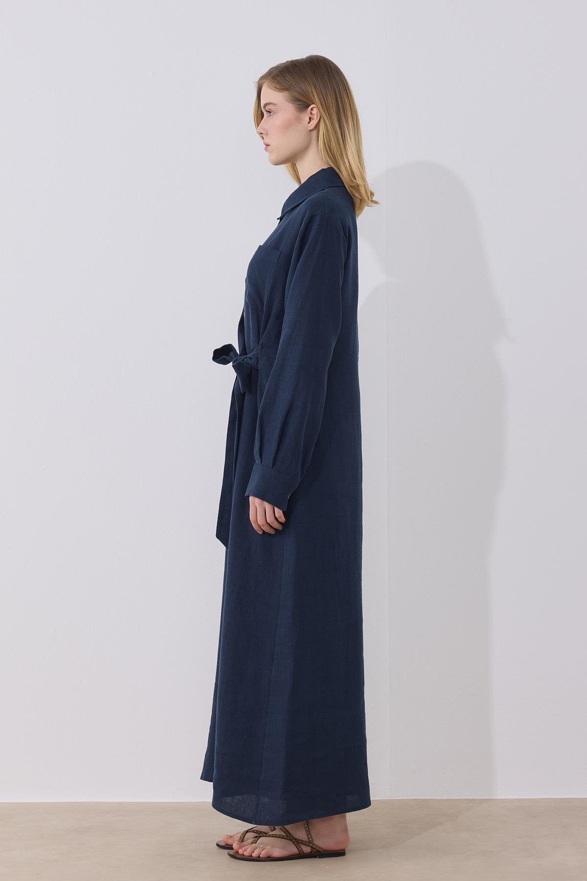 Mira %100 Linen Dress - Navy Blue