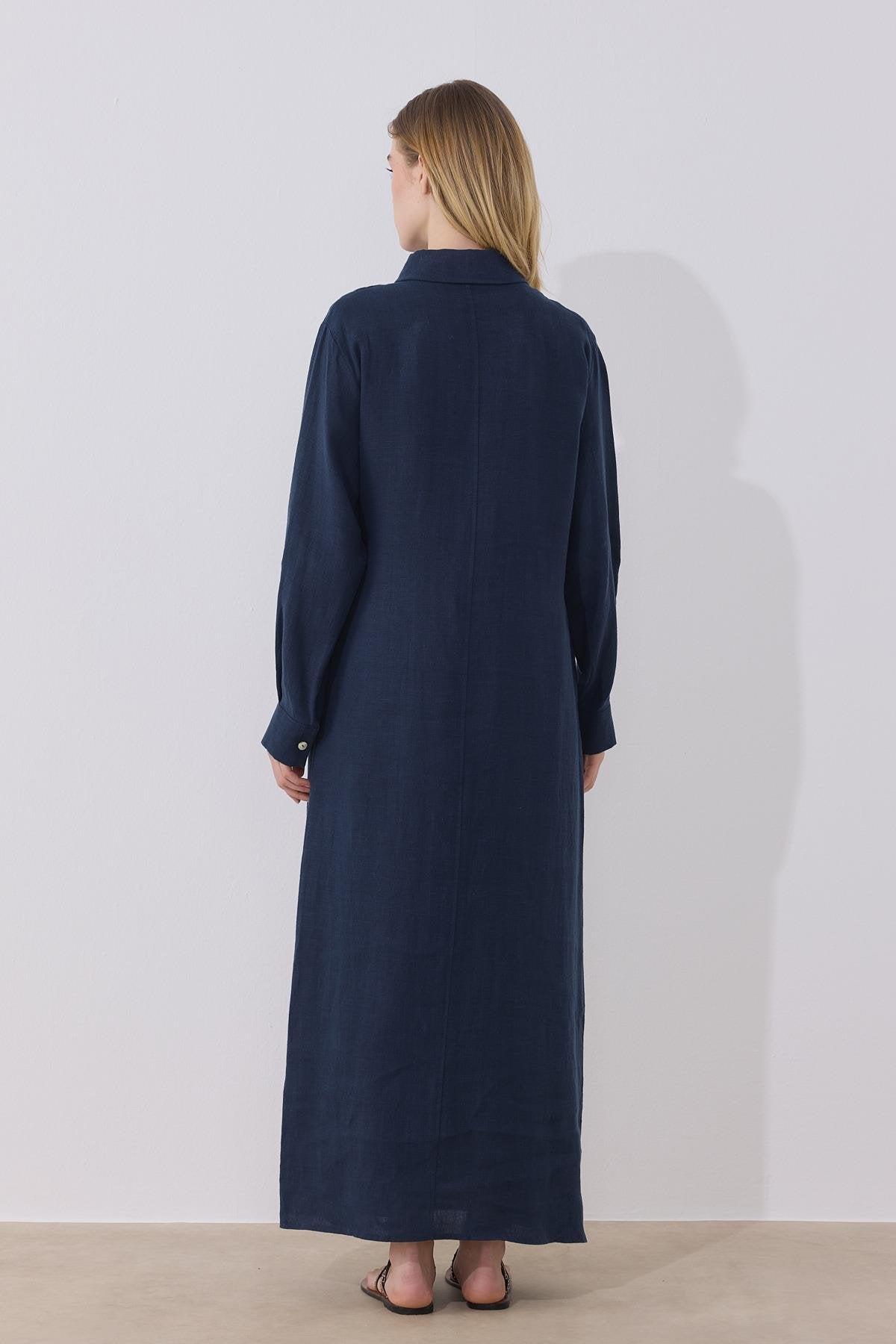 Mira %100 Linen Dress - Navy Blue