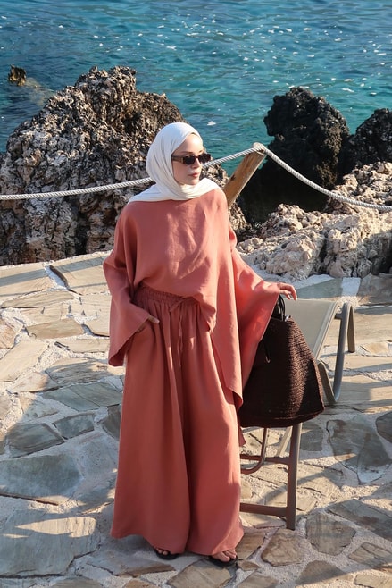 Noor Pants β 100% Linen Wide-Leg Trousers in Terracotta | Breathable, Modest Fit