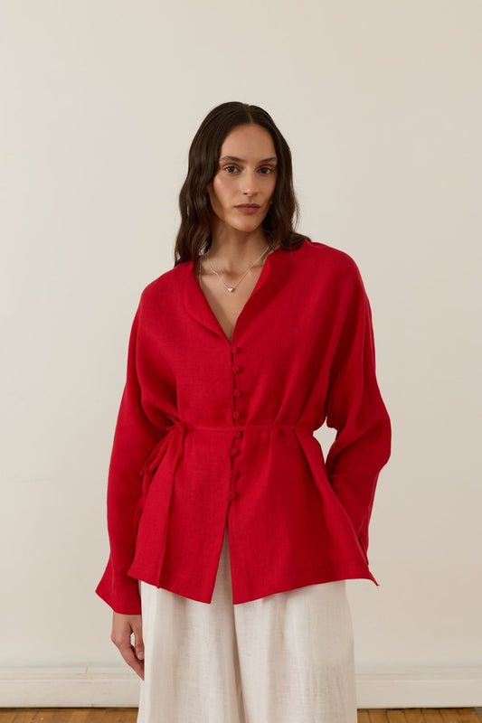 Alya Belted Linen Blouse - Red