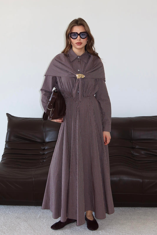 Milena Scarf Detail Shirt Dress- Brown
