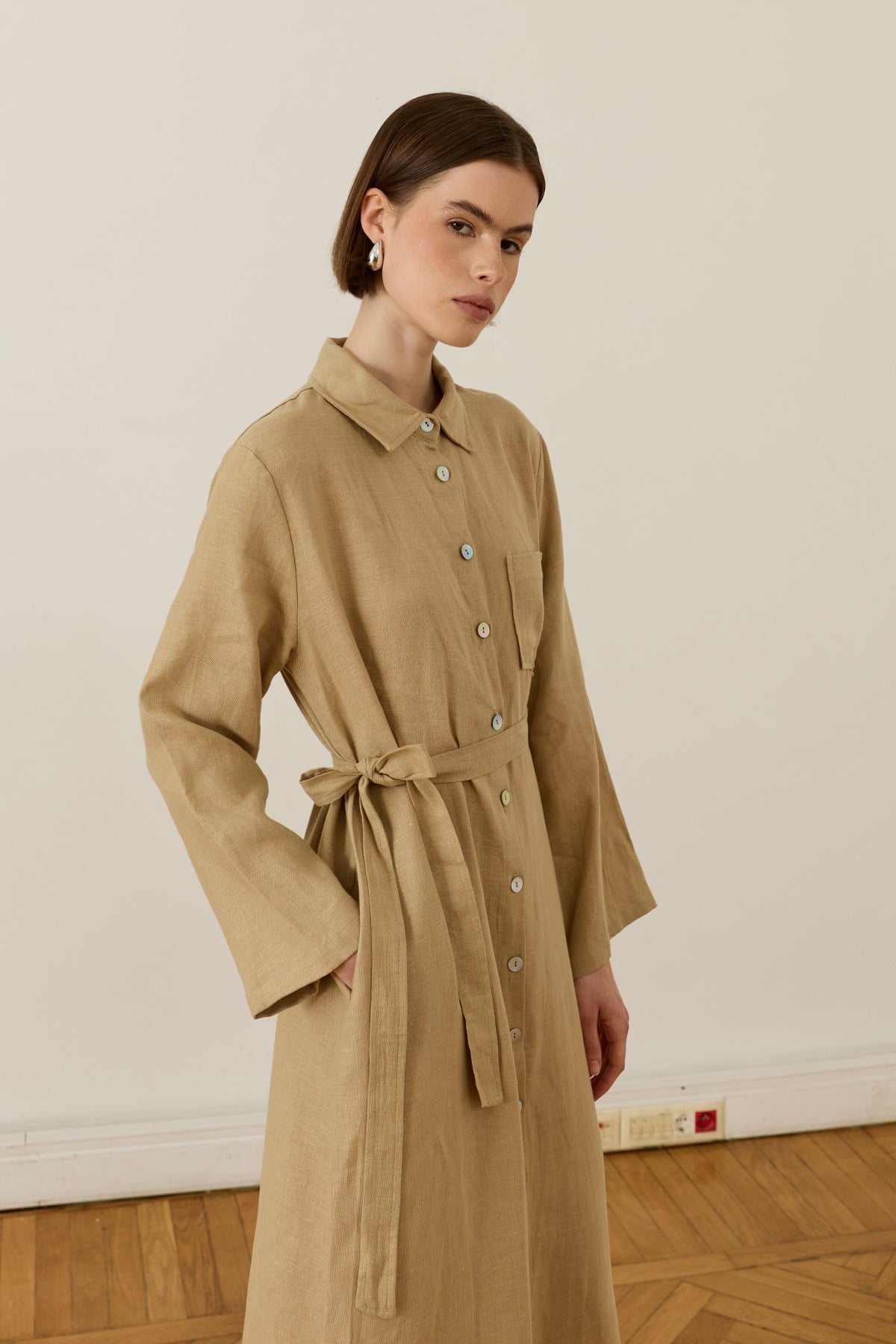 Sara 100%linen Dress-White Beige