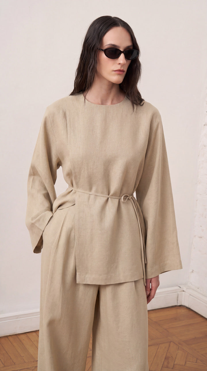 Solmar Belted Linen Blouse - Wheat Beige