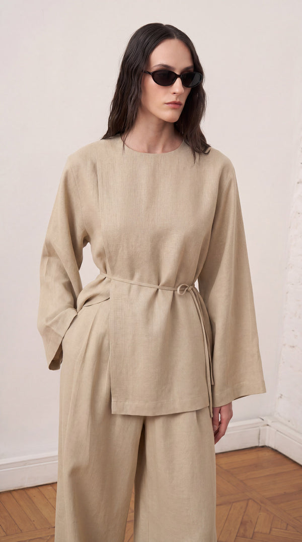 Solmar Belted Linen Blouse - Wheat Beige