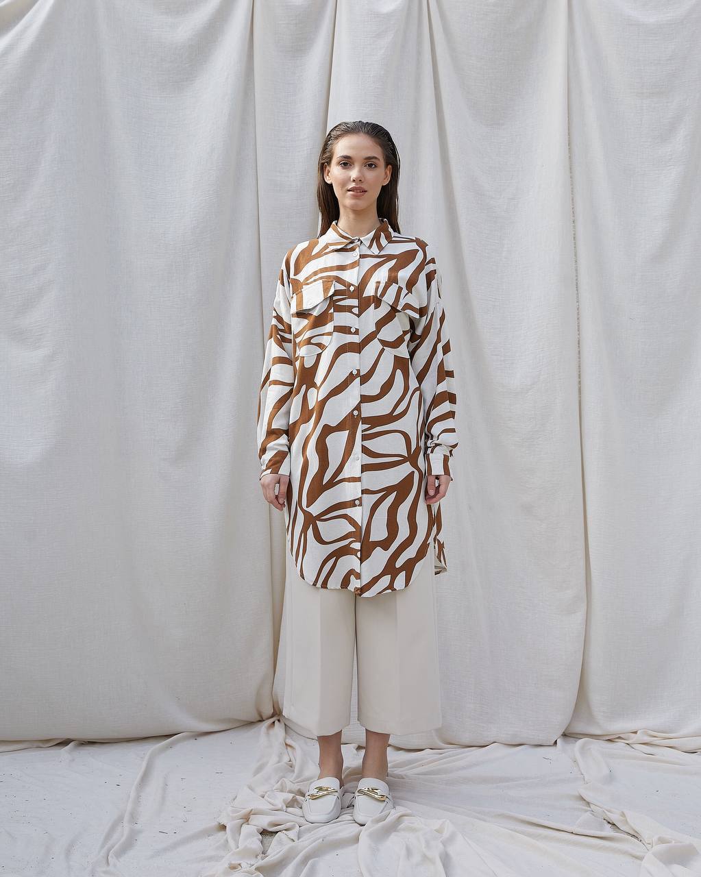 Light Brown Zebra Patterned Button Linen Long Shirt