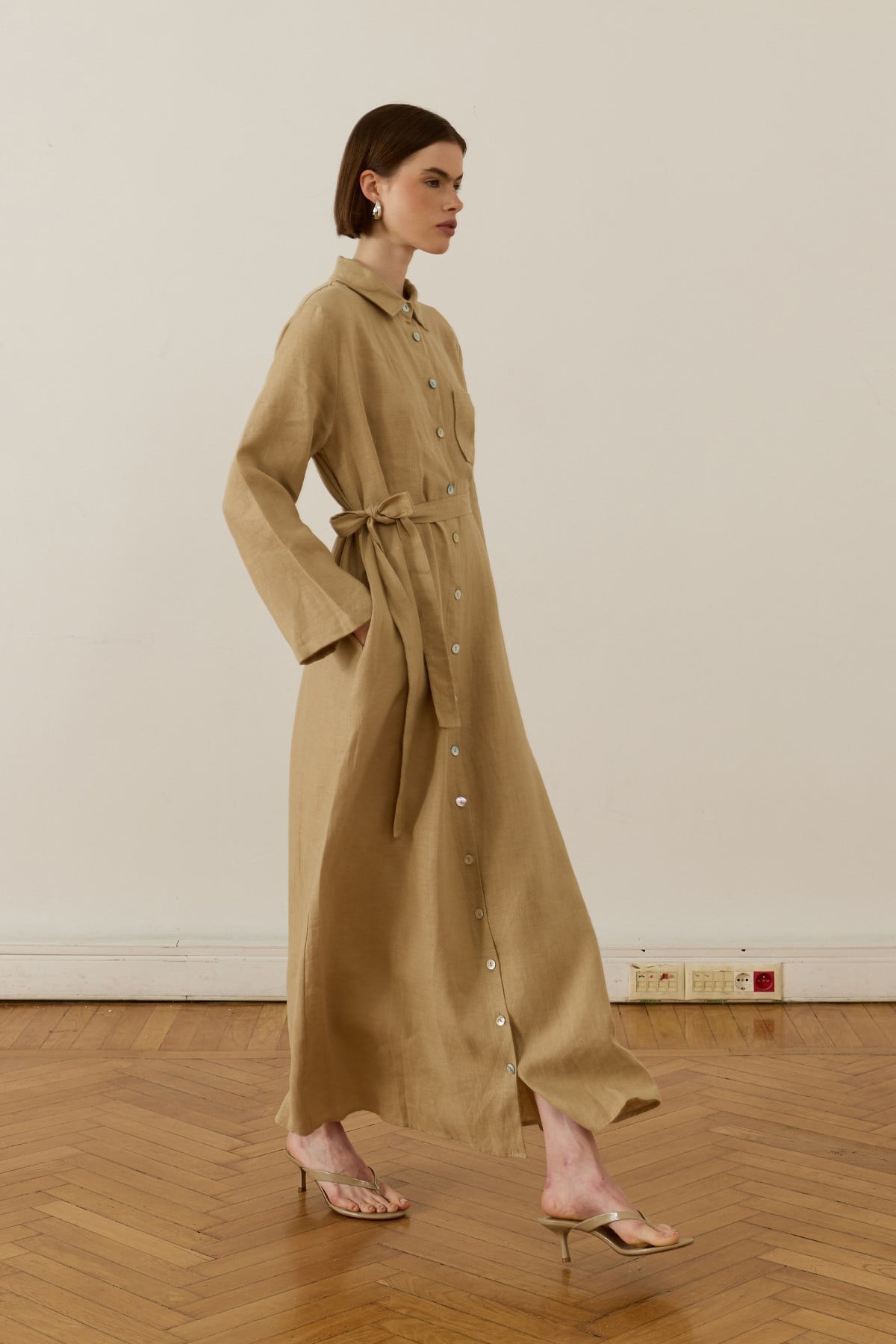 Sara 100%linen Dress-White Beige