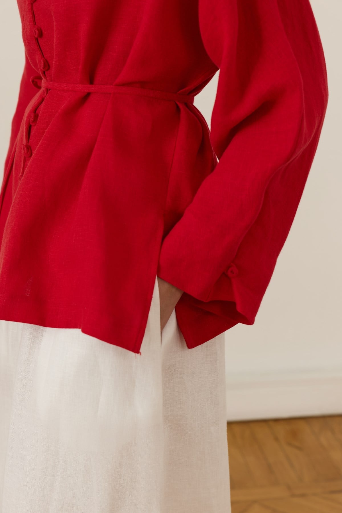 Alya Belted Linen Blouse - Red