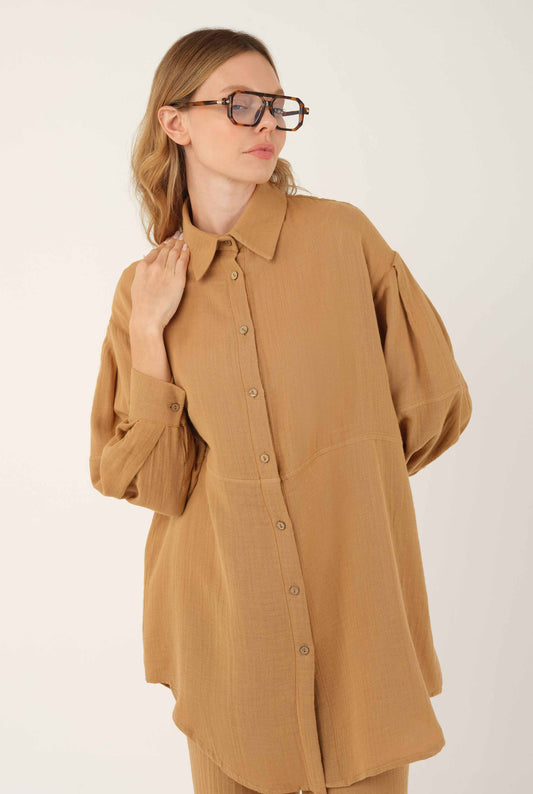 Oversized Musselin Hemd - Kamel