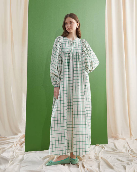 Grünes kariertes langes Kleid aus Leinen -Oversized