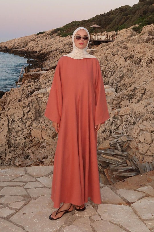 Sera 100% Linen Terracotta Dress – Relaxed Sleeves, Cinched Waist