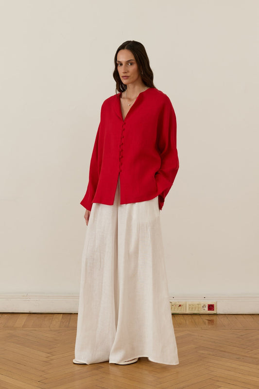 Alya Belted Linen Blouse - Red