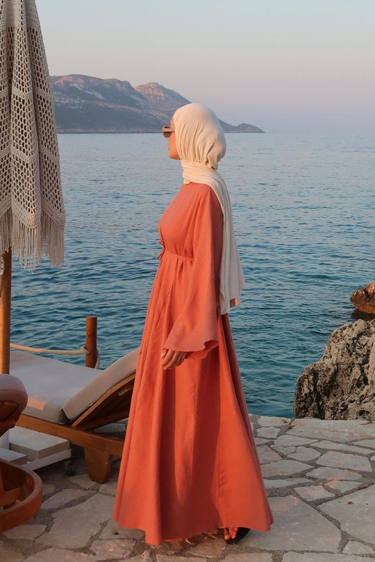 Sera 100% Linen Terracotta Dress – Relaxed Sleeves, Cinched Waist