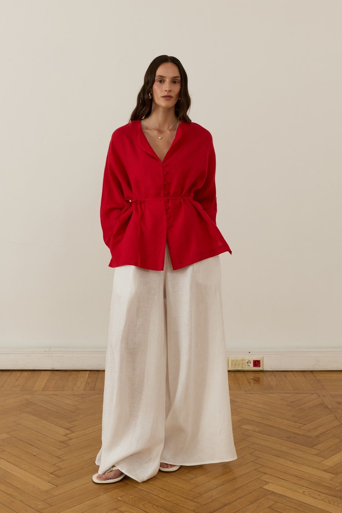 Alya Belted Linen Blouse - Red