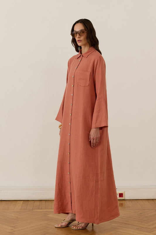 Sara 100% Linen Dress - Terracotta