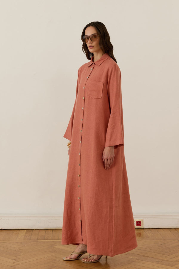 Sara 100% Linen Dress - Terracotta
