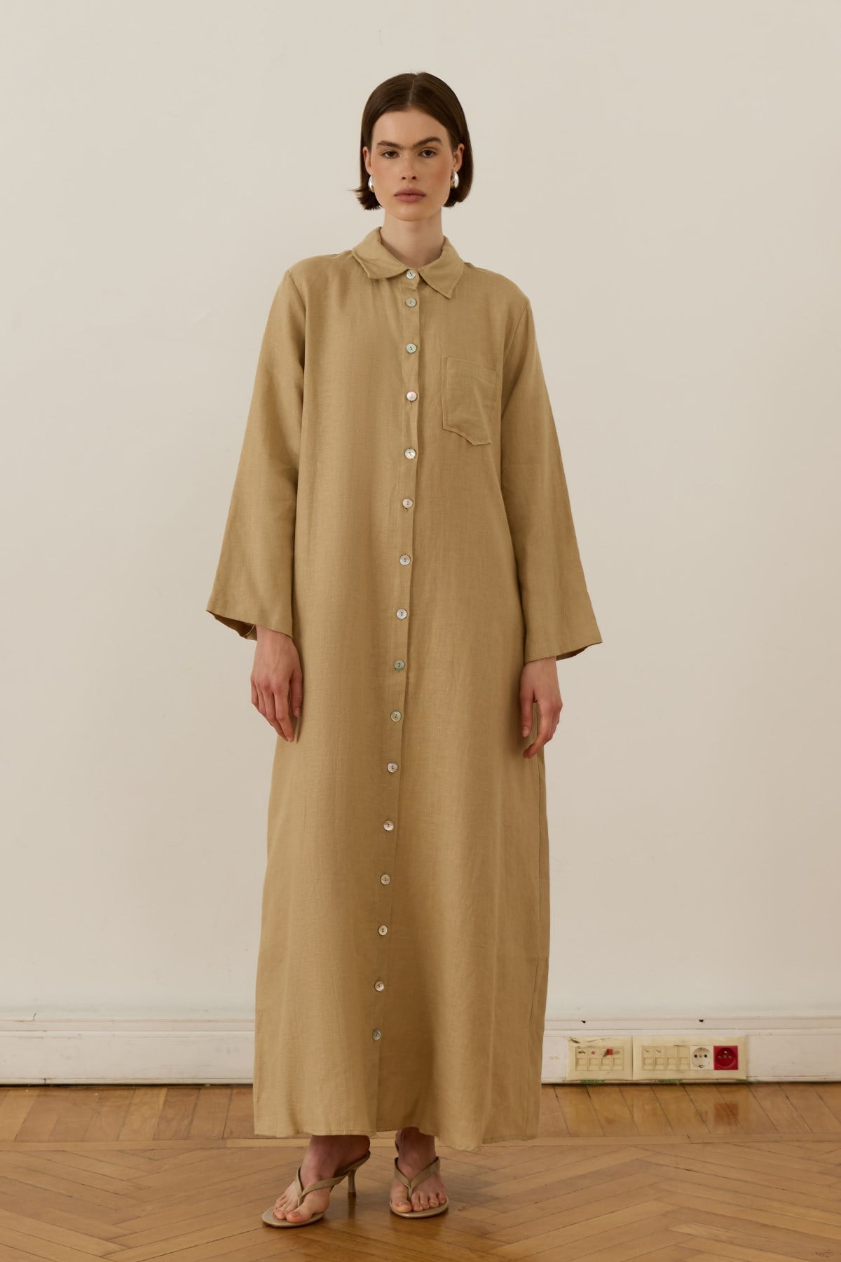 Sara 100%linen Dress-White Beige