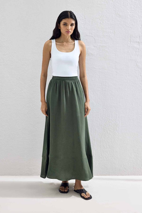 Mila Muslin Set – Moss Green  | Cotton Skirt and Shirt Outfit