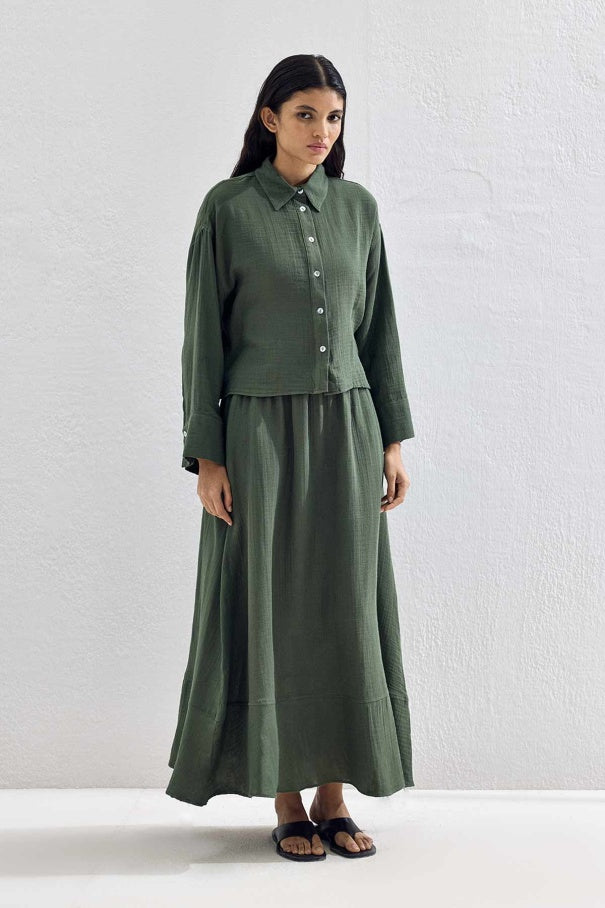 Mila Muslin Set – Moss Green  | Cotton Skirt and Shirt Outfit