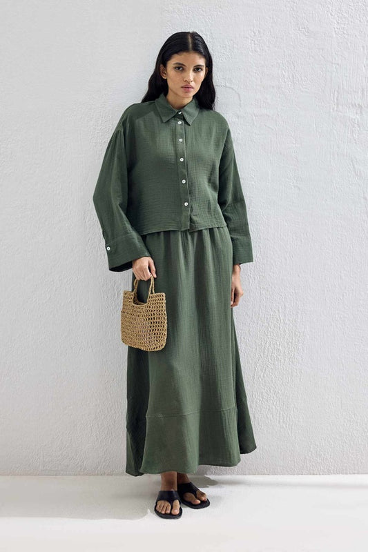 Mila Muslin Set – Moss Green  | Cotton Skirt and Shirt Outfit