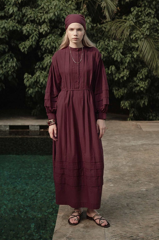 Zara - 100% Cotton Voile Long Dress with Pin-Tuck Details & Deep Burgundy