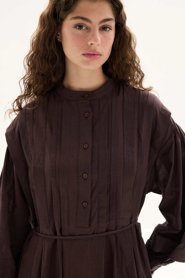 Zara - 100% Cotton Voile Long Dress with Pin-Tuck Details & Deep Brown