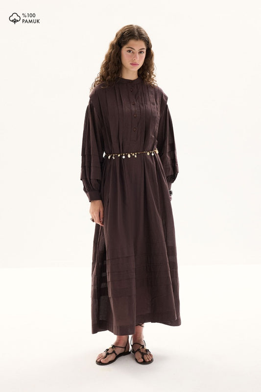 Zara - 100% Cotton Voile Long Dress with Pin-Tuck Details & Deep Brown