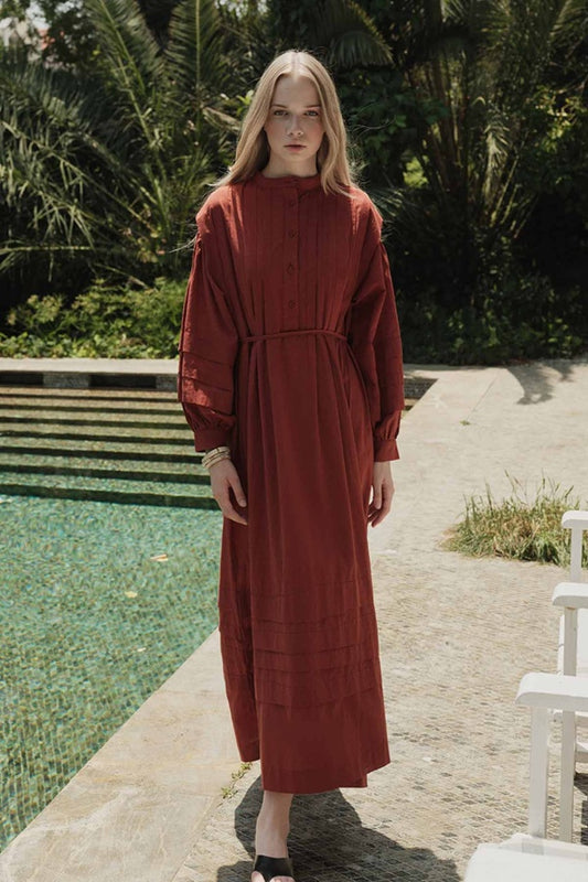 Zara - 100% Cotton Voile Long Dress with Pin-Tuck Details & Brick