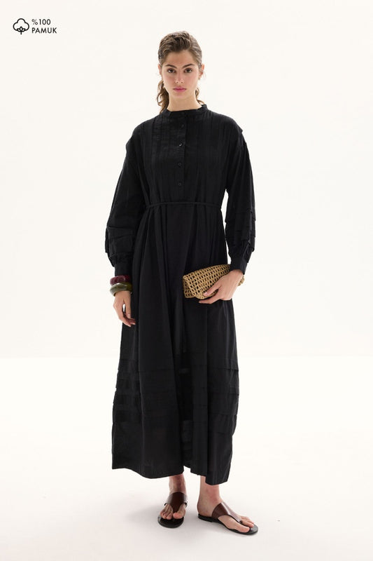 Zara - 100% Cotton Voile Long Dress with Pin-Tuck Details & Black