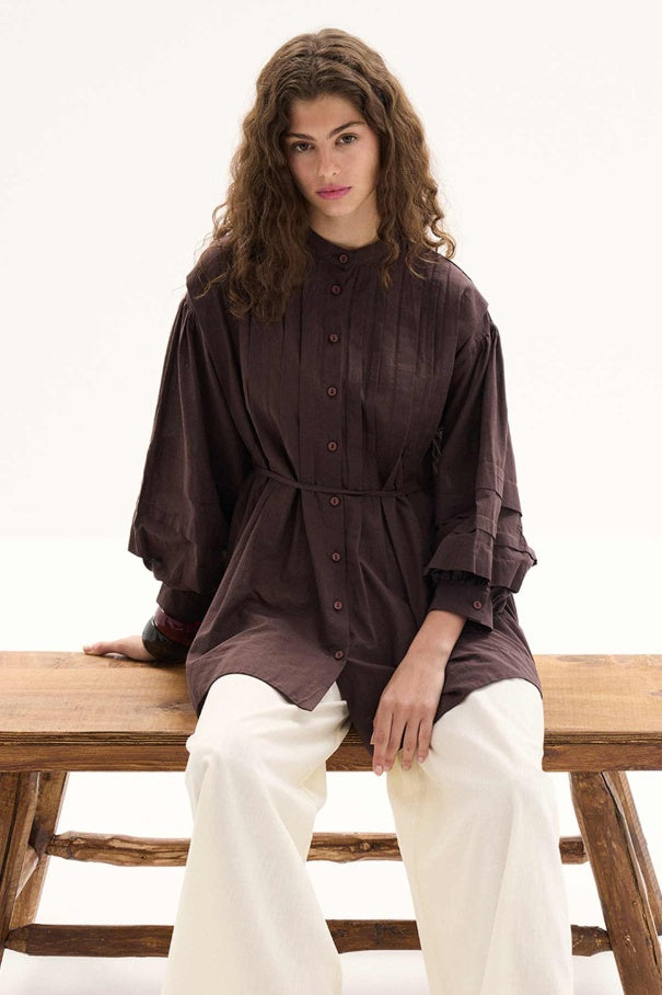 Niva - 100% Cotton Voile Shirt with Pin-Tuck Details & Deep Brown