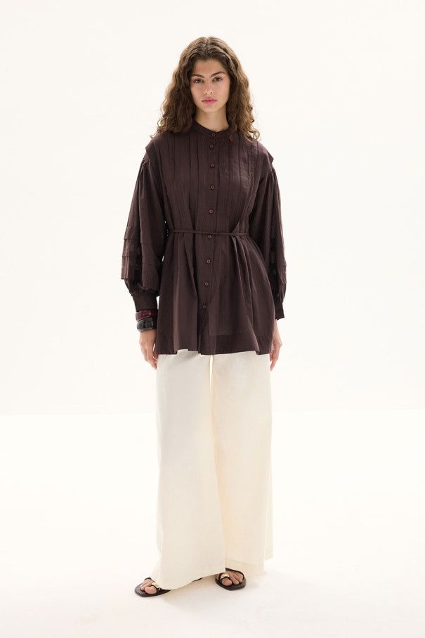 Niva - 100% Cotton Voile Shirt with Pin-Tuck Details & Deep Brown