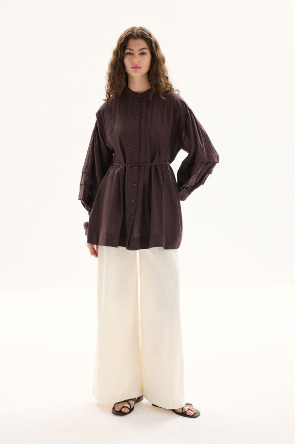 Niva - 100% Cotton Voile Shirt with Pin-Tuck Details & Deep Brown