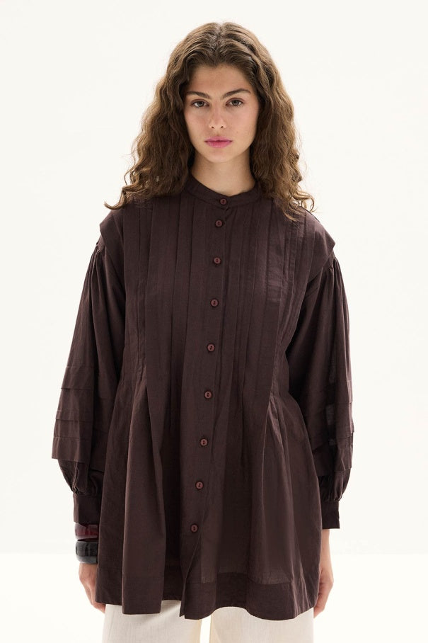 Niva - 100% Cotton Voile Shirt with Pin-Tuck Details & Deep Brown