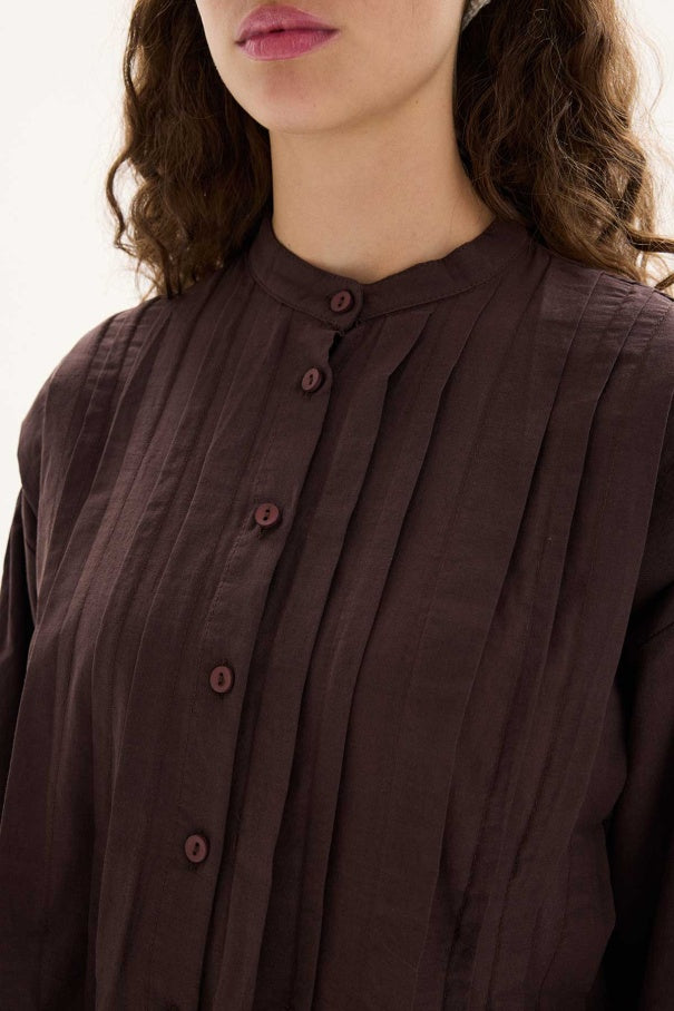 Niva - 100% Cotton Voile Shirt with Pin-Tuck Details & Deep Brown