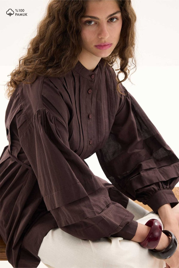 Niva - 100% Cotton Voile Shirt with Pin-Tuck Details & Deep Brown