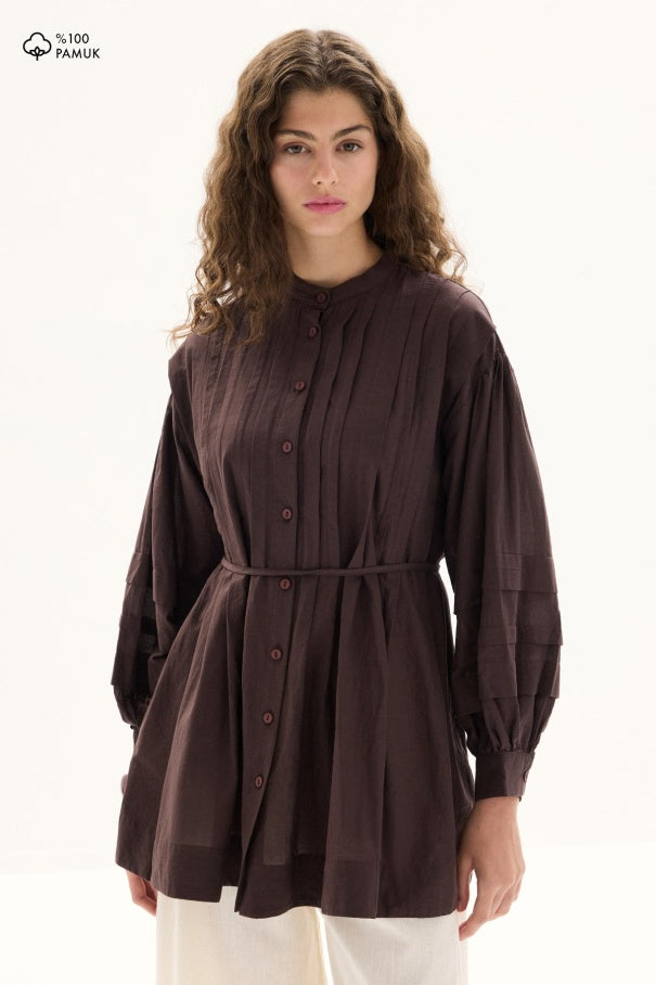 Niva - 100% Cotton Voile Shirt with Pin-Tuck Details & Deep Brown