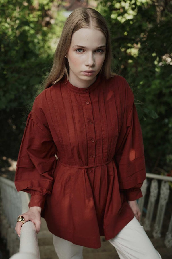 Niva - 100% Cotton Voile Shirt with Pin-Tuck Details & Brick