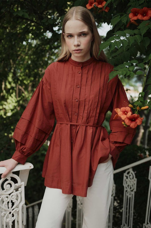 Niva - 100% Cotton Voile Shirt with Pin-Tuck Details & Brick