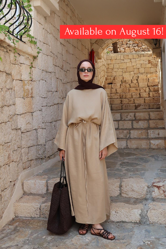 Rava Dress – 100% Linen Maxi Dress in Camel Beige | Adjustable Waist, Flowy Sleeves