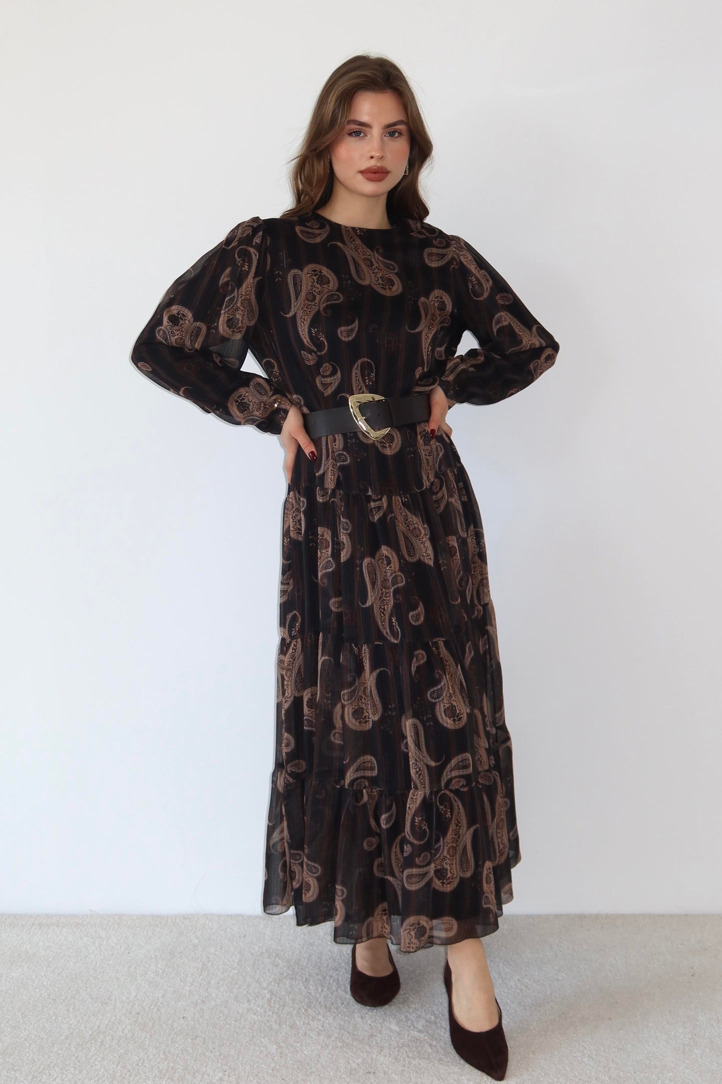 Zahara Ethnic Chiffon Dress - Brown