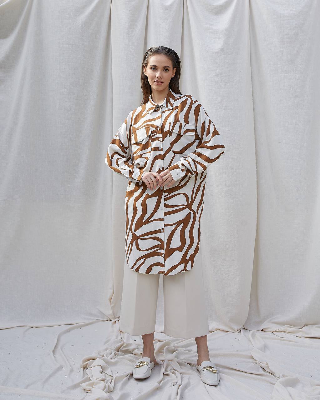 Light Brown Zebra Patterned Button Linen Long Shirt