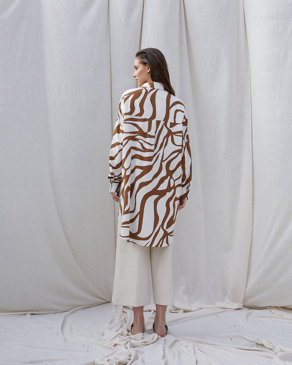 Light Brown Zebra Patterned Button Linen Long Shirt