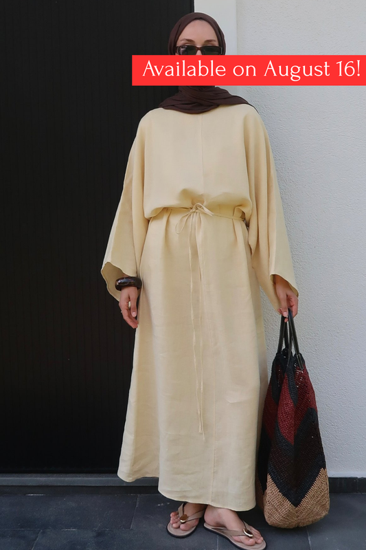 Rava Dress – 100% Linen Maxi Dress in Butter Yellow | Adjustable Waist, Flowy Sleeves
