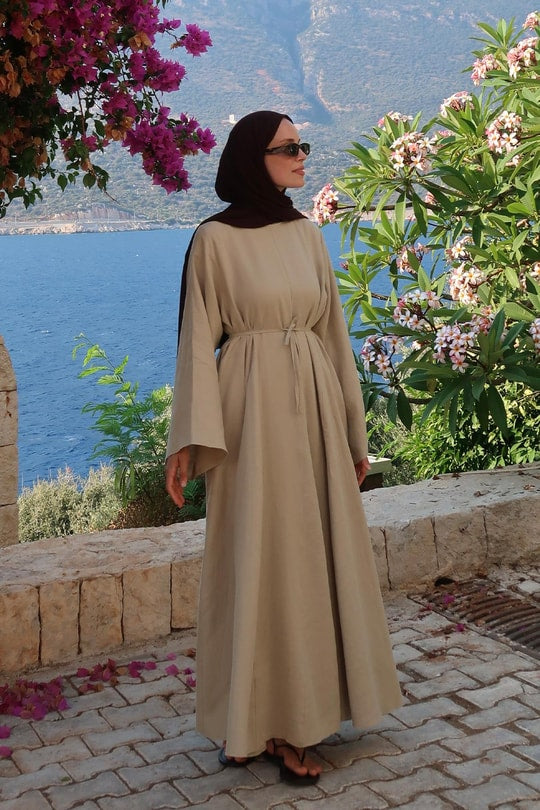 Sera 100% Linen Sage Green Dress – Relaxed Sleeves, Cinched Waist