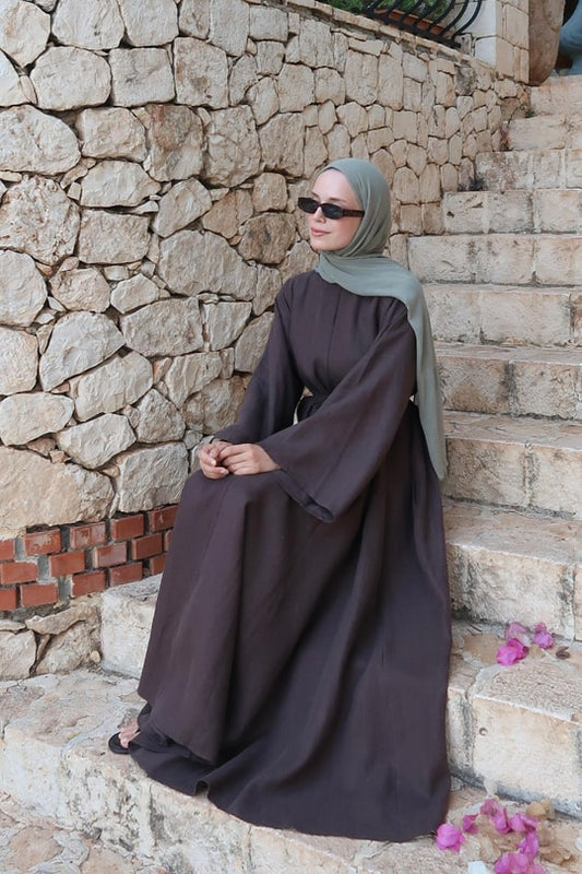 Sera 100% Linen Deep Brown Dress – Relaxed Sleeves, Cinched Waist