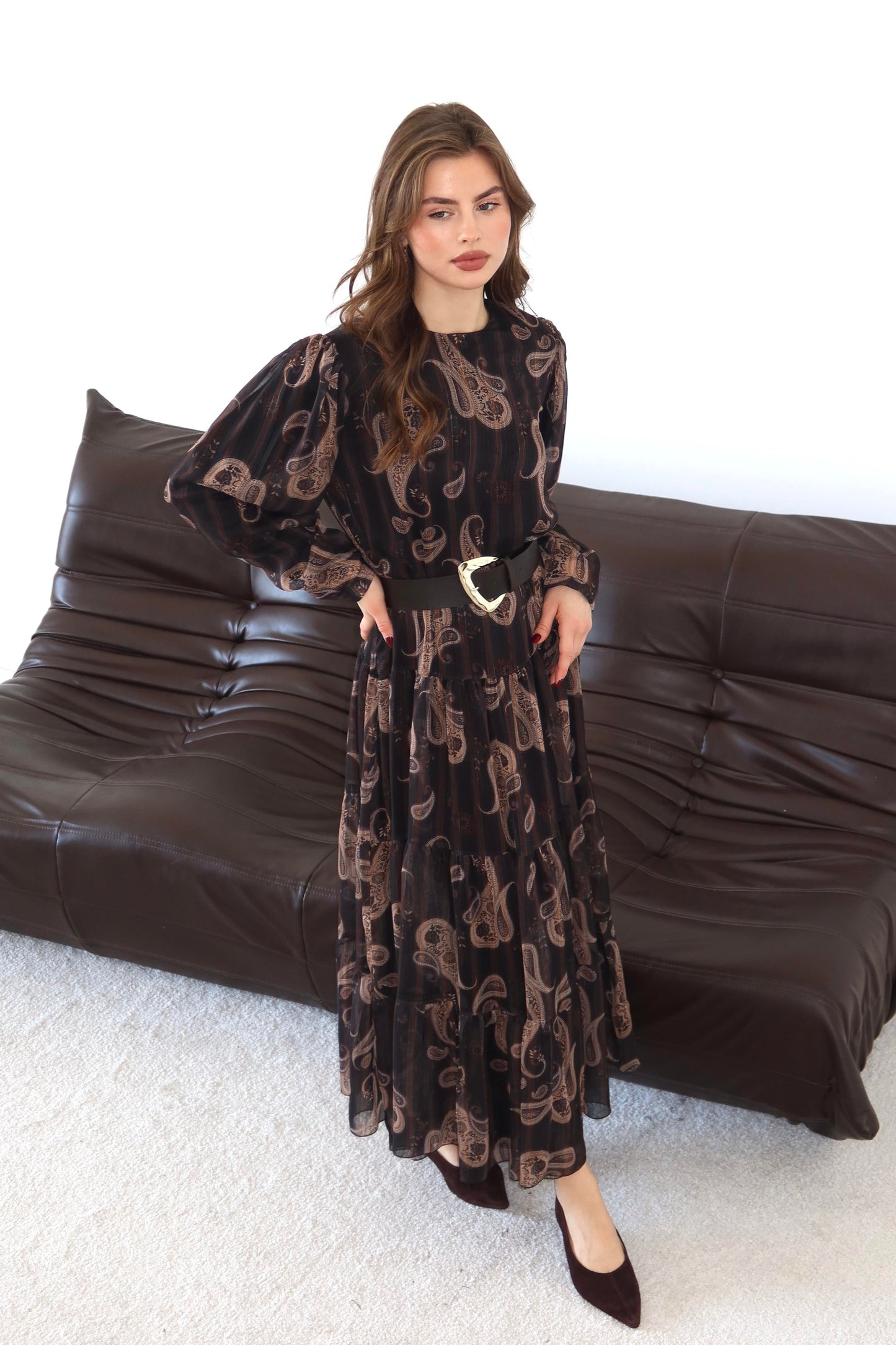 Zahara Ethnic Chiffon Dress - Brown