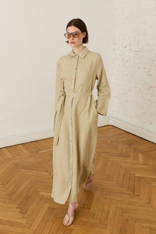 Sara 100% Linen Dress - Sage Green