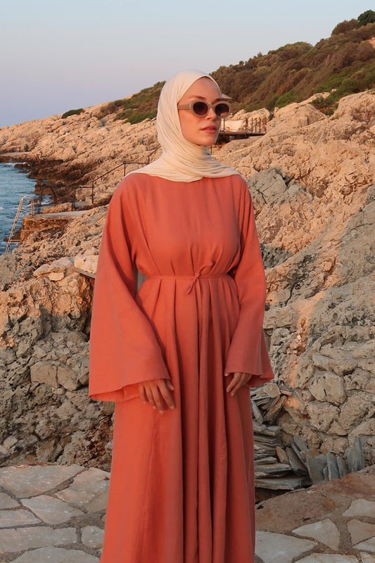 Sera 100% Linen Terracotta Dress – Relaxed Sleeves, Cinched Waist