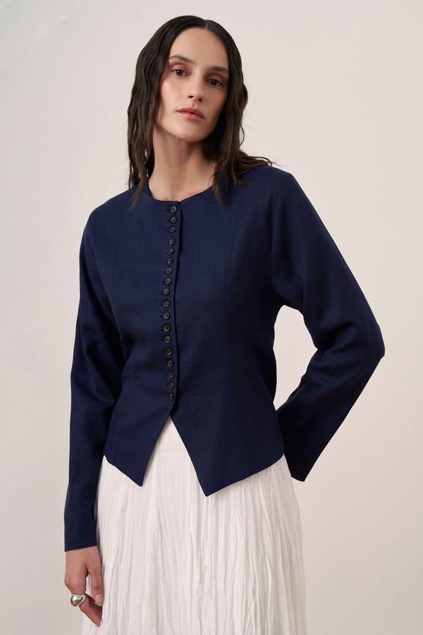 Costera Buttoned Linen Blouse - Navy Blue